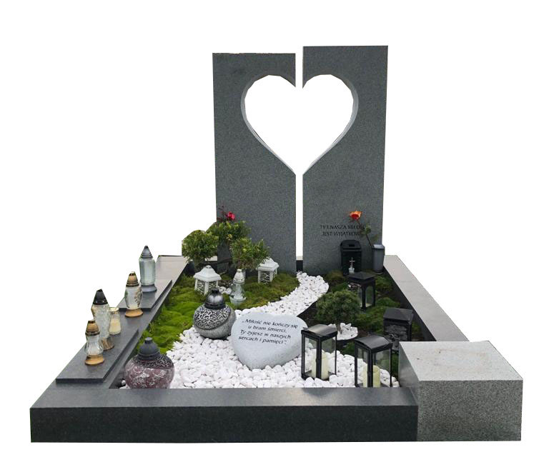 nagrobek z sercem, szary, z elementami zieleni, trawy